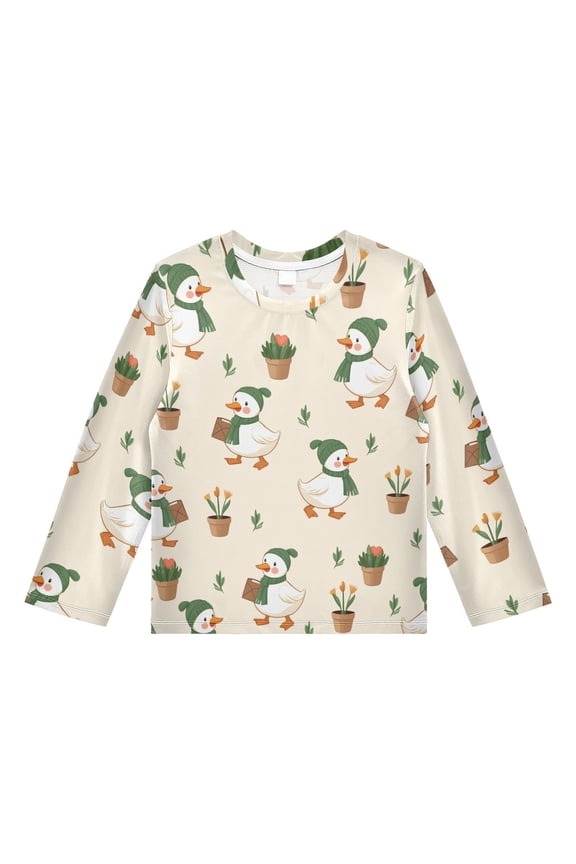Cartoon Duck Pattern Boys' Rash Guard Shirts UPF 50 Plus Sun Protection Short Sleeve Swim Tees 11-12T