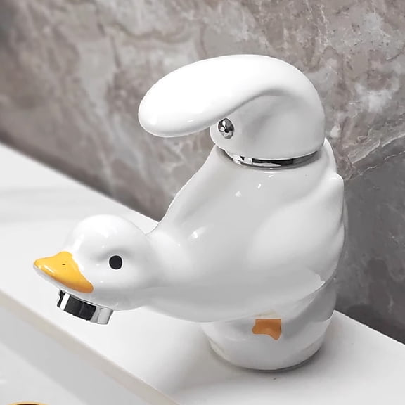 Cartoon Duck Shaped Ceramic Bathroom Faucet, Single Hole Hot And Cold Water Vessel Sink Faucet For Vanity, Wash Basin, Cute Home Decor