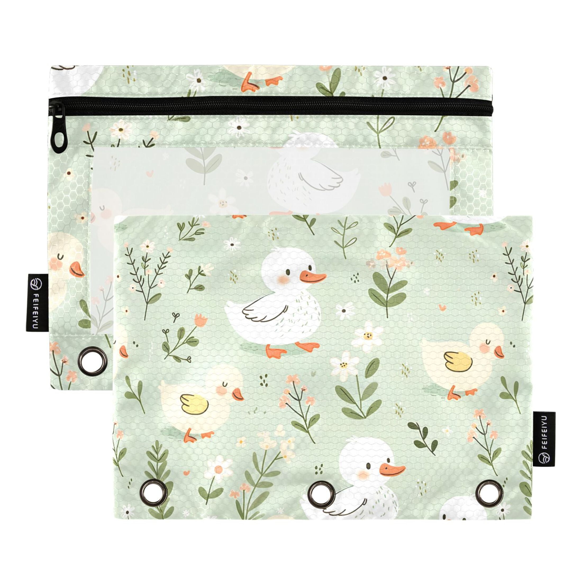 Window Duck Folder Cartoon Duck and Flower 2 Pack Pencil Pouch for 3 Ring Binder Smooth ...
