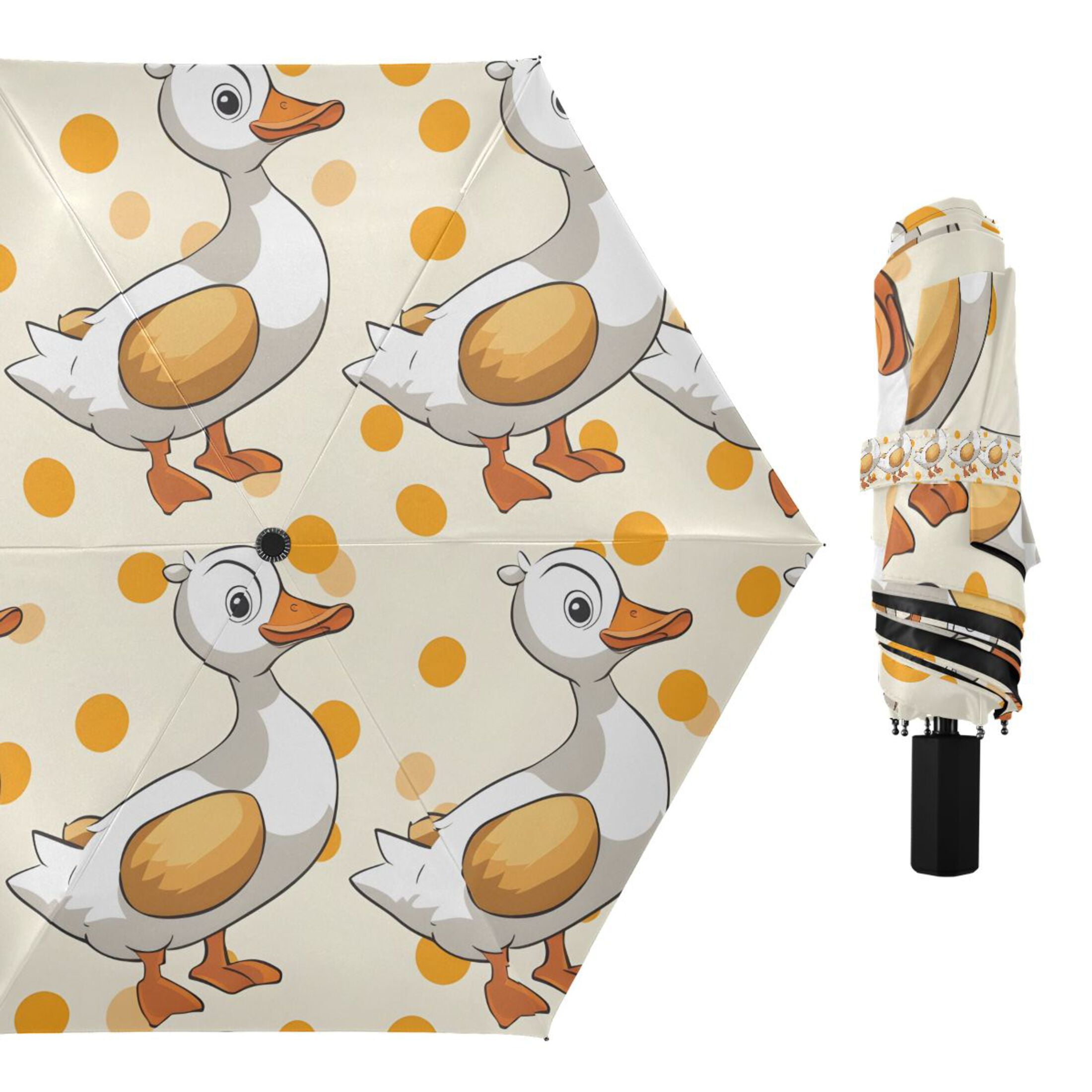Cartoon Duck and Polka Dots Compact Sun Umbrella Windproof Travel Umbrellas for Rain Strong Portable UV Protection