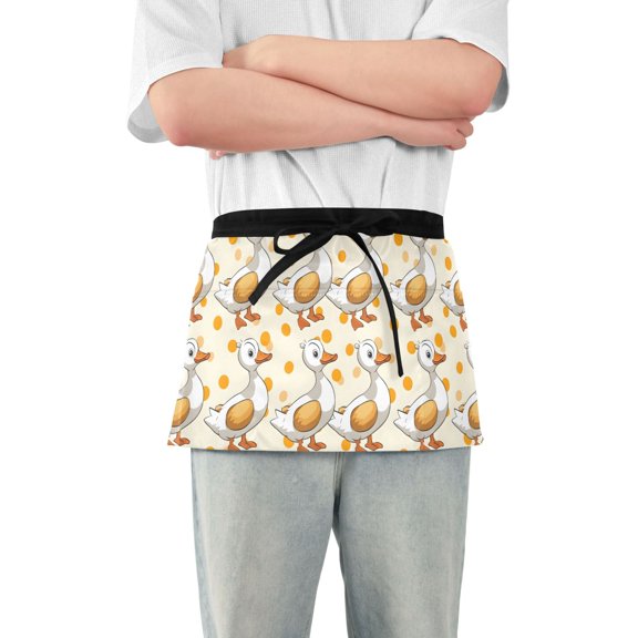 Cartoon Duck and Polka Dots Server Apron with 3 Pockets Waterproof Waitress Waist Short Apron for Man Woman 12 Inches