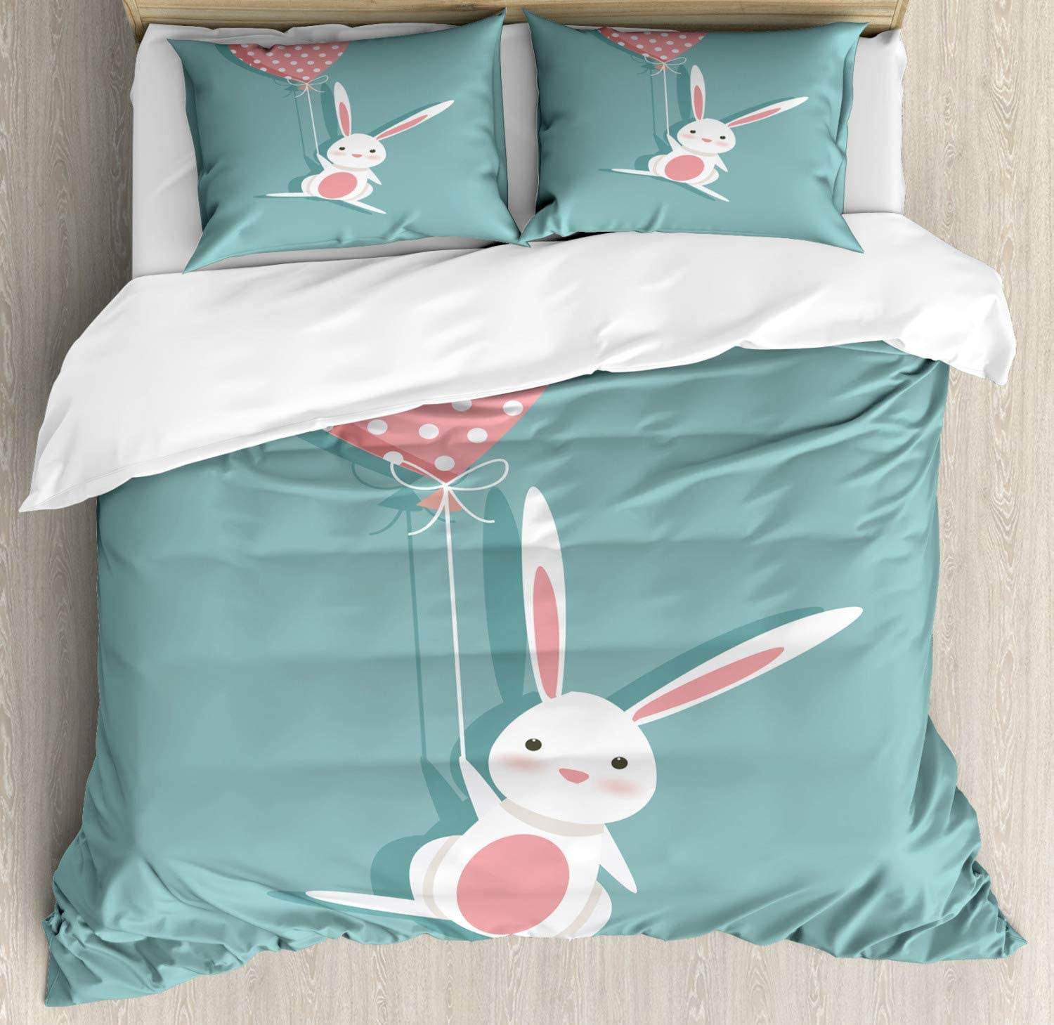 Cartoon Duvet Cover, Bunny Holding a Heart Shaped Balloon Dots Romantic