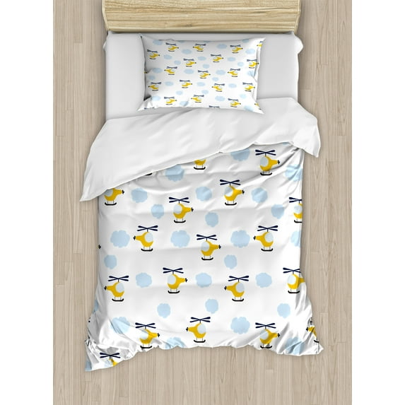 Cartoon Duvet Cover Set, Aircraft in Clouds Boys Girls hower Playroom Design, Decorative 2 Piece Bedding Set with 1 Pillow Shams, Twin Size, Yellow Blue, by Ambesonne