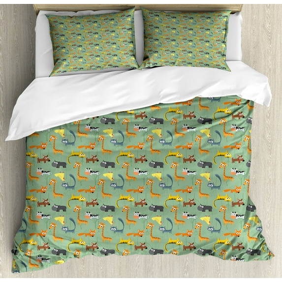 Cartoon Duvet Cover Set, Animals Cat Fox Giraffe Cow Repetitive, Decorative 3 Piece Bedding Set with 2 Pillow Shams, Queen Size, Jade Green Multicolor, by Ambesonne