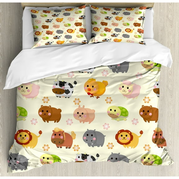 Cartoon Duvet Cover Set, Animals with Simplistic Art Design Lion Bear Bunny Cow with Flowers, Decorative 3 Piece Bedding Set with 2 Pillow Shams, King Size, Multicolor, by Ambesonne