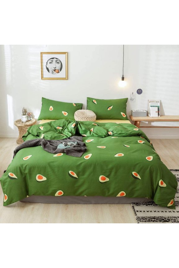 Cartoon Duvet Cover Set, Avocado Pattern Printed on Green,Soft 100% Cotton Bedding Set for Girls Boys Women Japanese Strawberry Comforter Cover Set with Zipper (Avocado, 3pcs, Queen Size)
