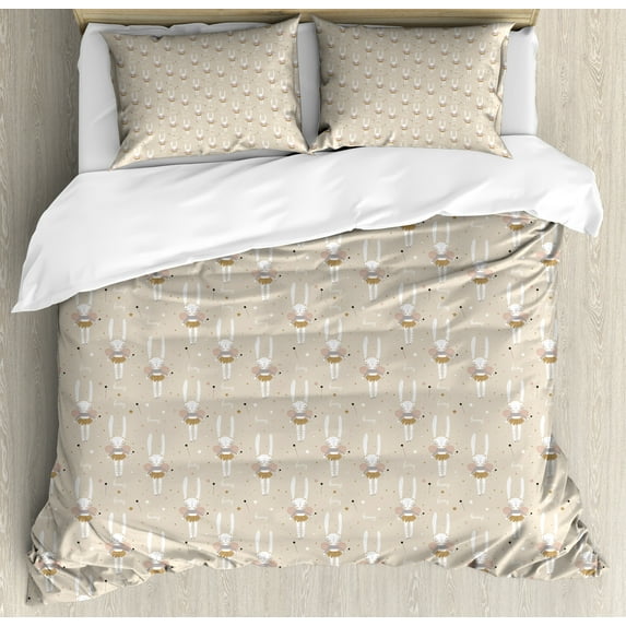Cartoon Duvet Cover Set, Ballerina Bunnies in Tutu Dancer Rabbits with Wings Stars Magic, Decorative 3 Piece Bedding Set with 2 Pillow Shams, King Size, Warm Taupe Blush, by Ambesonne