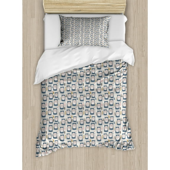 Cartoon Duvet Cover Set, Bear Faces in Knitted Hats Woods Pine Forest Wilderness, Decorative 2 Piece Bedding Set with 1 Pillow Shams, Twin Size, Rose Pale Coffee, by Ambesonne