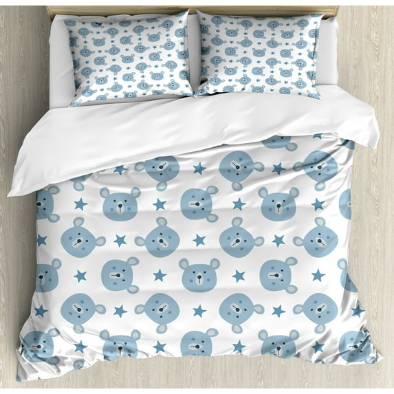Cartoon Duvet Cover Set, Cartoon Bear Heads Motifs Star Shapes in Funny Colors on Plain Background, Decorative 3 Piece Bedding Set with 2 Pillow Shams, Queen Size, Pale Slate Blue, by Ambesonne