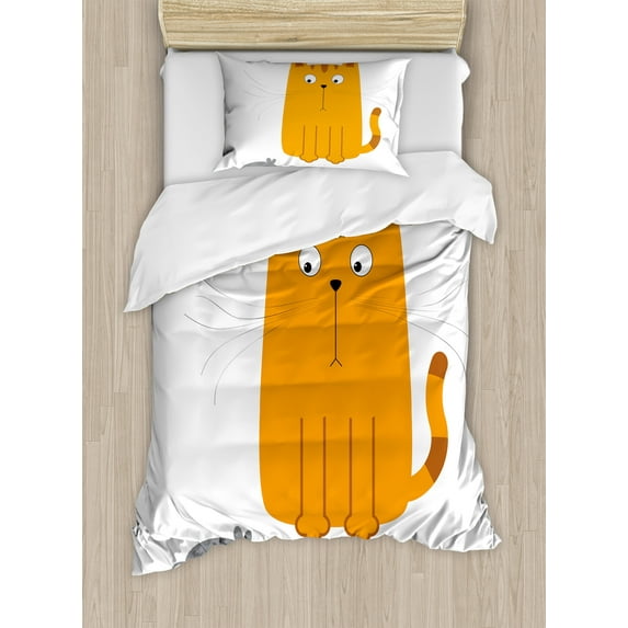Cartoon Duvet Cover Set, Cat Looking at Mouse Hunter Kitty Fun Humor Animal Graphic Art Print, Decorative 2 Piece Bedding Set with 1 Pillow Shams, Twin Size, Marigold Grey, by Ambesonne