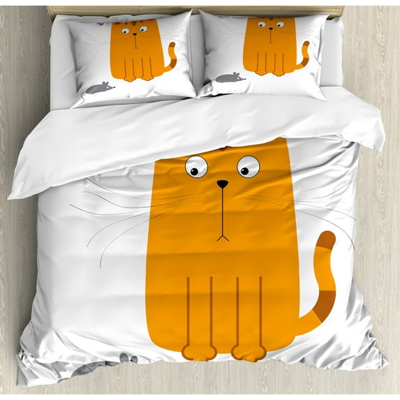 Cartoon Duvet Cover Set, Cat Looking at Mouse Hunter Kitty Fun Humor Animal Graphic Art Print, Decorative 3 Piece Bedding Set with 2 Pillow Shams, Queen Size, Marigold Grey, by Ambesonne
