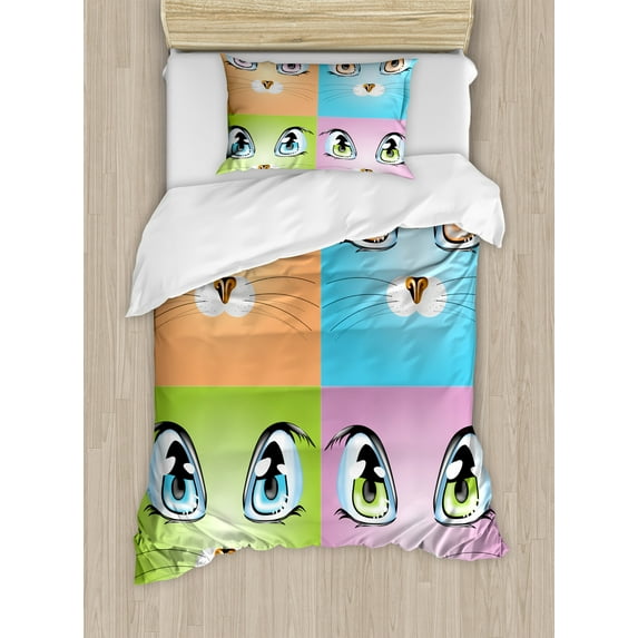 Cartoon Duvet Cover Set, Colorful Big Cat Eye Images with Whiskers Loyal Life Companions Art, Decorative 2 Piece Bedding Set with 1 Pillow Shams, Twin Size, Orange Purple Green, by Ambesonne