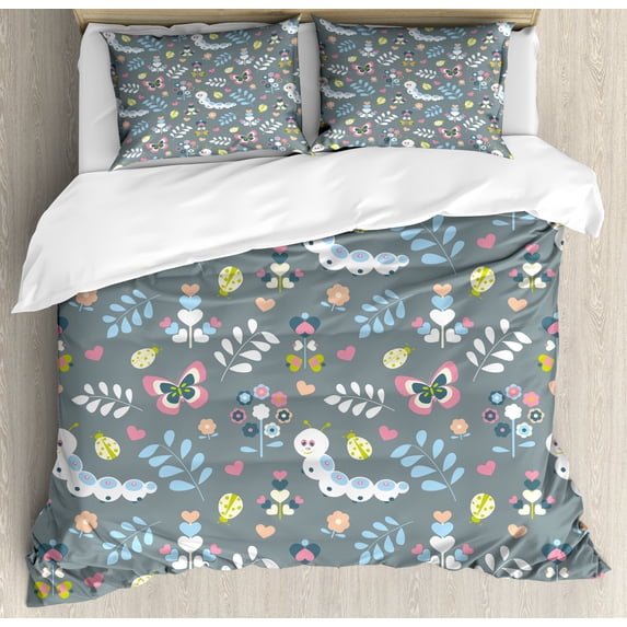 Cartoon Duvet Cover Set, Earth Worms Ladybugs Birds Flowers Pastel Nature Love Hearts Doodle, Decorative 3 Piece Bedding Set with 2 Pillow Shams, Calking Size, Grey Multicolor, by Ambesonne