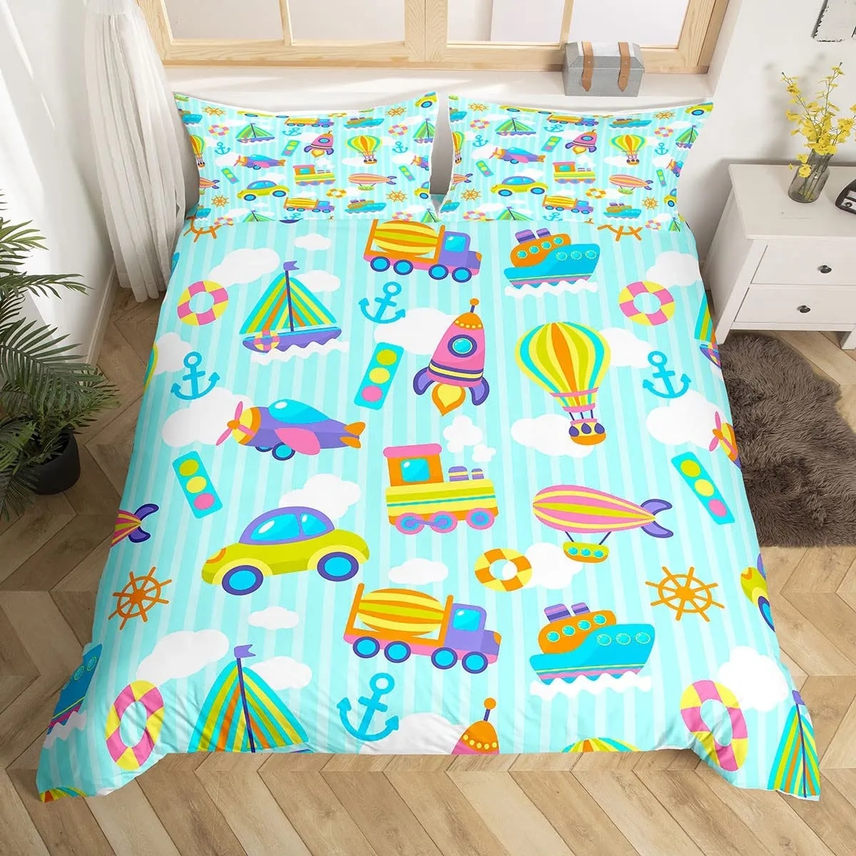 Cartoon Duvet Cover Set Equipment Trucks Bedding Set Construction