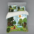 thumbnail image 1 of Cartoon Duvet Cover Set, Fairy Wandering Forest Friends Pine Trees Fox Rabbit Birds, Bedding Set with Shams and Fitted Sheet, 3 Sizes, by Ambesonne, 1 of 3