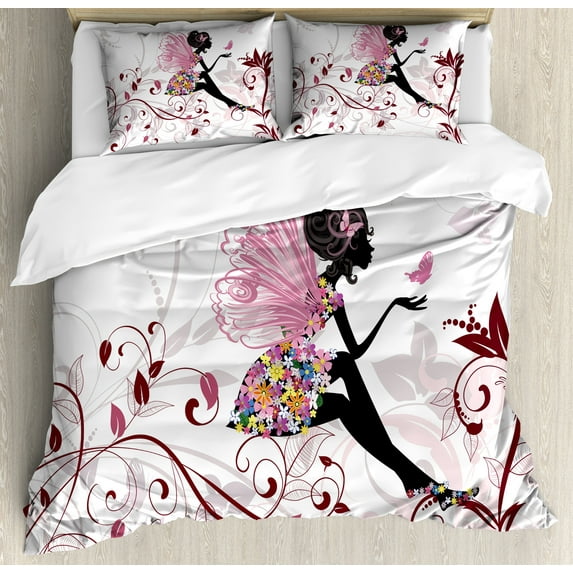 Cartoon Duvet Cover Set, Flower Butterflies Wings Branches Ornaments Floral Spring Forest, Decorative 3 Piece Bedding Set with 2 Pillow Shams, King Size, Maroon Black Pink, by Ambesonne