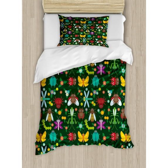 Cartoon Duvet Cover Set, Forest Bugs Spider Butterfly Beetle Dragonfly Mantis Wasp Ladybug Flowers, Decorative 2 Piece Bedding Set with 1 Pillow Shams, Twin Size, Emerald Multicolor, by Ambesonne