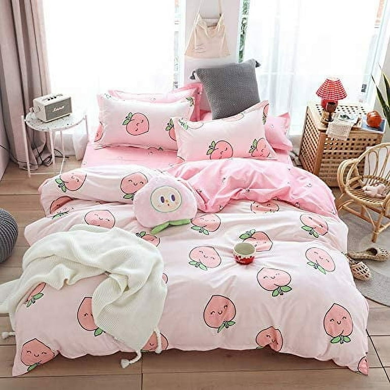 Cartoon Duvet Cover Set Full Pink Peach Bedding Set Kid Kawaii Bedding Set Girl Lovely Peach Comforter Cover Cute Fruits Quilt Cover Tropical Plant