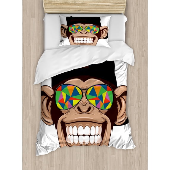 Cartoon Duvet Cover Set, Fun Hipster Monkey with Colorful Sunglasses and Hat Rapper Hippie Ape Art, Decorative 2 Piece Bedding Set with 1 Pillow Shams, Twin Size, Brown Black White, by Ambesonne
