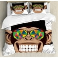 thumbnail image 1 of Cartoon Duvet Cover Set, Fun Hipster Monkey with Colorful Sunglasses and Hat Rapper Hippie Ape Art, Decorative 3 Piece Bedding Set with 2 Pillow Shams, Queen Size, Brown Black White, by Ambesonne, 1 of 3