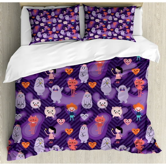 Cartoon Duvet Cover Set, Funky Hearts Creatures Little Girls and Boys Cats Comic-themed, Decorative 3 Piece Bedding Set with 2 Pillow Shams, King Size, Dark Purple Multicolor, by Ambesonne