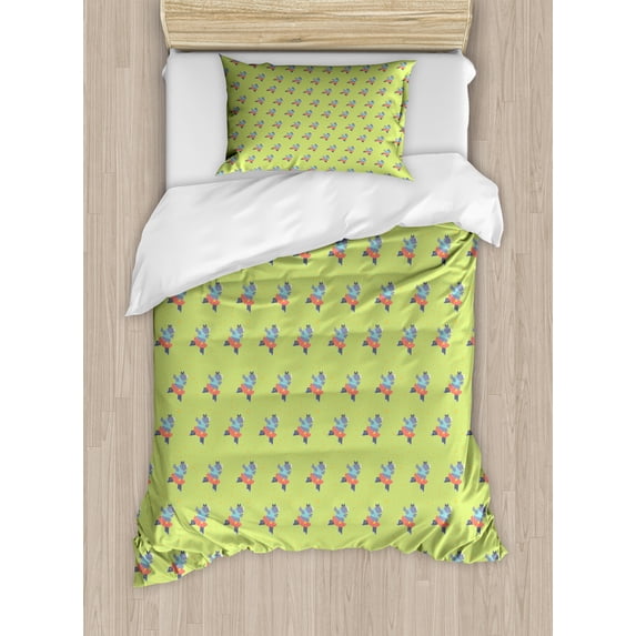 Cartoon Duvet Cover Set, Funny Animal Dancing in Tutu Ballerina Zoo Design, Decorative 2 Piece Bedding Set with 1 Pillow Shams, Twin Size, Pale Green and Multicolor, by Ambesonne