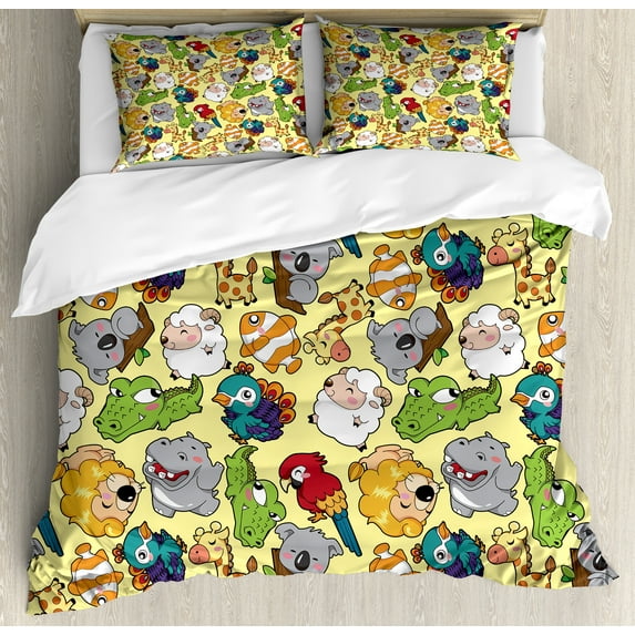 Cartoon Duvet Cover Set, Funny Animals Hippo Giraffe Koala Parrot Crocodile Zoo Jungle Graphic, Decorative 3 Piece Bedding Set with 2 Pillow Shams, King Size, Multicolor, by Ambesonne