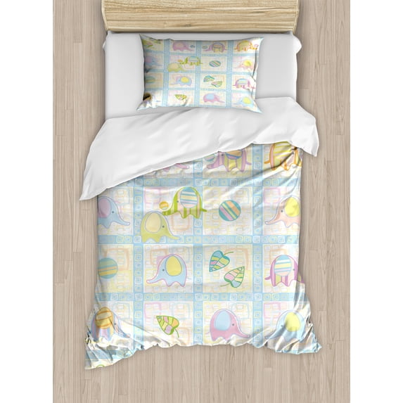 Cartoon Duvet Cover Set, Funny Elephants with Balls and Leaves Drawing Style Squares Design, Decorative 2 Piece Bedding Set with 1 Pillow Shams, Twin Size, Aqua Multicolor, by Ambesonne