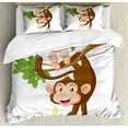 thumbnail image 1 of Cartoon Duvet Cover Set, Funny Monkey Hanging from Tree and Holding Banana Jungle Animals Theme Print, Decorative 3 Piece Bedding Set with 2 Pillow Shams, Calking Size, Chocolate White, by Ambesonne, 1 of 3