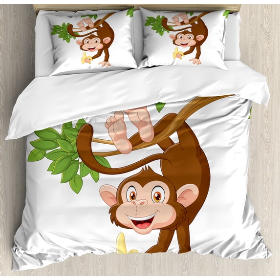 Cartoon Duvet Cover Set, Funny Monkey Hanging from Tree and Holding Banana Jungle Animals Theme Print, Decorative 3 Piece Bedding Set with 2 Pillow Shams, Queen Size, Chocolate White, by Ambesonne