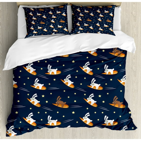 Cartoon Duvet Cover Set, Funny Rabbits Traveling to Space Stars on Carrot Dream, Decorative 3 Piece Bedding Set with 2 Pillow Shams, Queen Size, Petrol Blue Orange, by Ambesonne