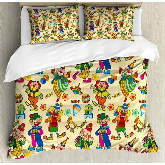 Cartoon Duvet Cover Set, Cartoon Funnyish Repetition with Clowns and Sweets Balls and Cubes Print Artwork, Decorative 3 Piece Bedding Set with 2 Pillow Shams, King Size, Yellow Blue, by Ambesonne