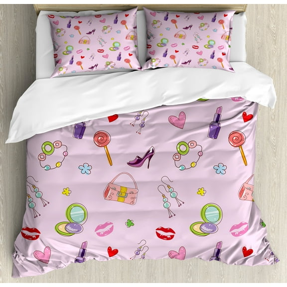 Cartoon Duvet Cover Set, Girls Illustration with Fashion Accessories and Makeup Lollipop Flower Print, Decorative 3 Piece Bedding Set with 2 Pillow Shams, Queen Size, Multicolor, by Ambesonne