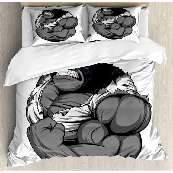 Cartoon Duvet Cover Set, Image of Big Gorilla Like as Professional Athlete Bodybuilding Gym Animal, Decorative 3 Piece Bedding Set with 2 Pillow Shams, Queen Size, Black White Grey, by Ambesonne