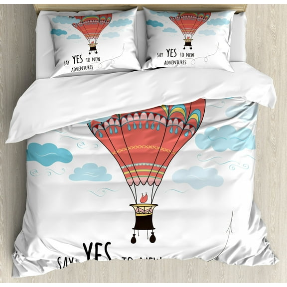 Cartoon Duvet Cover Set, Inspirational Words Say Yes to New Adventures Hand Drawn Hot Air Balloon, Decorative 3 Piece Bedding Set with 2 Pillow Shams, King Size, Coral Sky Blue, by Ambesonne