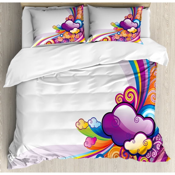 Cartoon Duvet Cover Set King Size, Kids Children Theme Rainbows Colored Clouds Lines Rounds Suns Print Image Print, Decorative 3 Piece Bedding Set with 2 Pillow Shams, Multicolor, by Ambesonne
