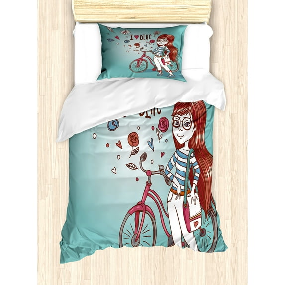 Cartoon Duvet Cover Set, Love My Bike Theme Girl with Bicycle Vintage Flowers Illustration, Decorative 2 Piece Bedding Set with 1 Pillow Shams, Twin Size, Dried Rose and Pale Blue, by Ambesonne