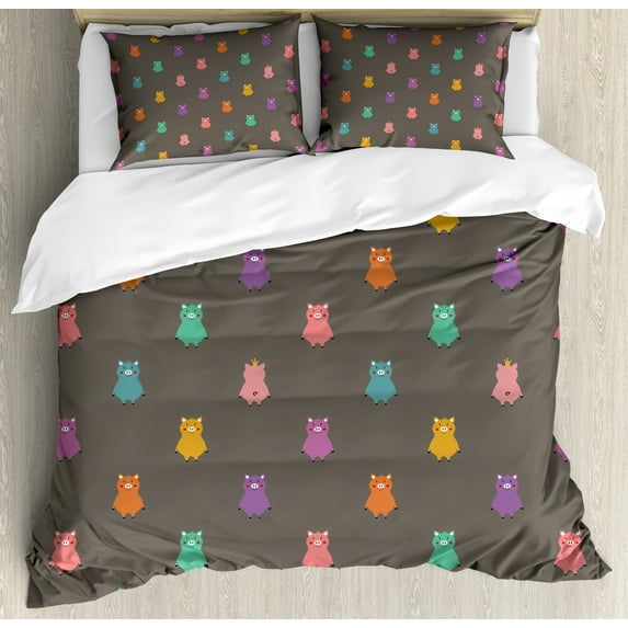 Cartoon Duvet Cover Set, Multicolored Pigs Motif Animals Simple Piglet Shapes, Decorative 3 Piece Bedding Set with 2 Pillow Shams, Queen Size, Violet Coral, by Ambesonne