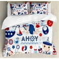 thumbnail image 1 of Cartoon Duvet Cover Set, Nautical Costumes Sailor Clothes on Plain Backdrop Pattern, Decorative 3 Piece Bedding Set with 2 Pillow Shams, King Size, Sea Blue Dark Coral, by Ambesonne, 1 of 3