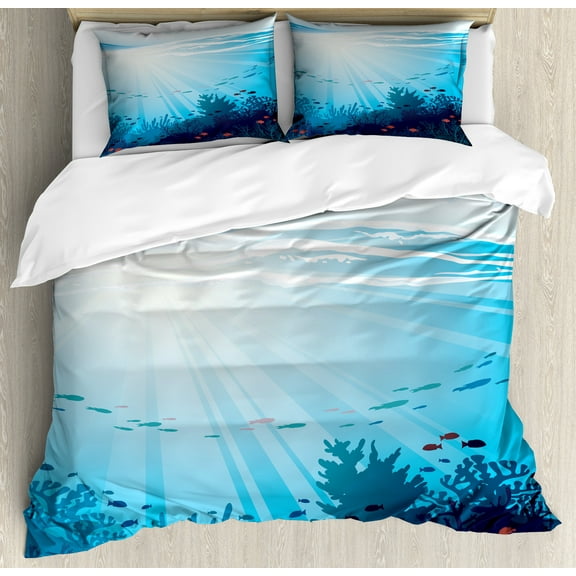 Cartoon Duvet Cover Set, Ocean Design with Fish Aquarium Image Coral Reef Waves Art Print, Decorative 3 Piece Bedding Set with 2 Pillow Shams, King Size, Teal Turquoise and Blue, by Ambesonne