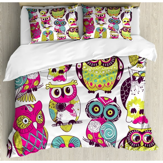 Cartoon Duvet Cover Set, Owl Eyes Funny Best Friends Forever Animal Themed Fun Design, Decorative 3 Piece Bedding Set with 2 Pillow Shams, Queen Size, Multicolor Coral, by Ambesonne