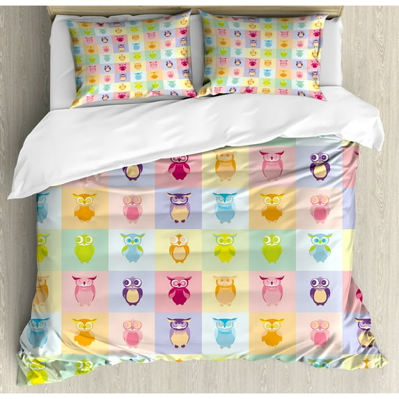 Cartoon Duvet Cover Set, Owls Multicolor Fun Animal Love Art Play Birds, Decorative 3 Piece Bedding Set with 2 Pillow Shams, King Size, Purple Yellow and Pink, by Ambesonne