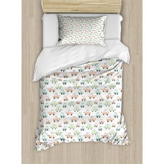 Cartoon Duvet Cover Set, Pastel Colored Style Cartoon Cars in Traffic Jam Sketch on Plain Backdrop, Decorative 2 Piece Bedding Set with 1 Pillow Shams, Twin Size, Peach and Mint Green, by Ambesonne