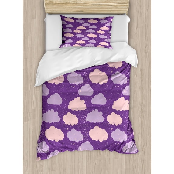 Cartoon Duvet Cover Set, Pattern of Clouds Paint Splash in Style Abstract Art Sky View, Decorative 2 Piece Bedding Set with 1 Pillow Shams, Twin Size, Violet and Pale Salmon, by Ambesonne