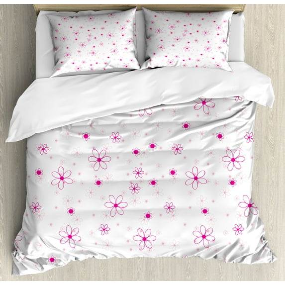 Cartoon Duvet Cover Set, Pattern with Flowers Simple Classic Art Springtime Garden Cheerful, Decorative 3 Piece Bedding Set with 2 Pillow Shams, Calking Size, Magenta Fuchsia White, by Ambesonne