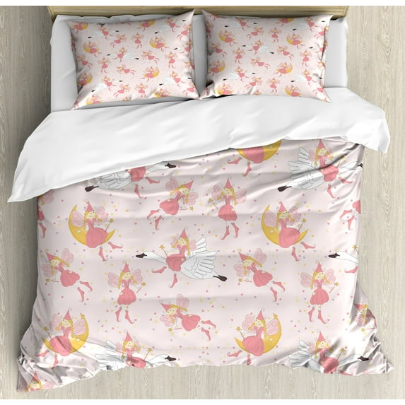 Cartoon Duvet Cover Set, Pattern with Flying Fairies Setting on Moon Riding Swan Stick, Decorative 3 Piece Bedding Set with 2 Pillow Shams, King Size, Rose Earth Yellow Pink, by Ambesonne