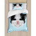 thumbnail image 1 of Cartoon Duvet Cover Set, Portrait of Domestic Kitten Bicolor Furry Head Pink Wet Nose Art, Decorative 2 Piece Bedding Set with 1 Pillow Shams, Twin Size, Black White Blue, by Ambesonne, 1 of 3