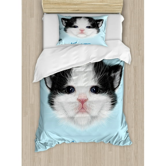 Cartoon Duvet Cover Set, Portrait of Domestic Kitten Bicolor Furry Head Pink Wet Nose Art, Decorative 2 Piece Bedding Set with 1 Pillow Shams, Twin Size, Black White Blue, by Ambesonne