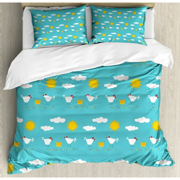 Cartoon Duvet Cover Set Queen Size, Happy Funny Farm Morning Theme with Clouds Sun Rooster Get Up Kids Toddler, Decorative 3 Piece Bedding Set with 2 Pillow Shams, Aqua Orange White, by Ambesonne