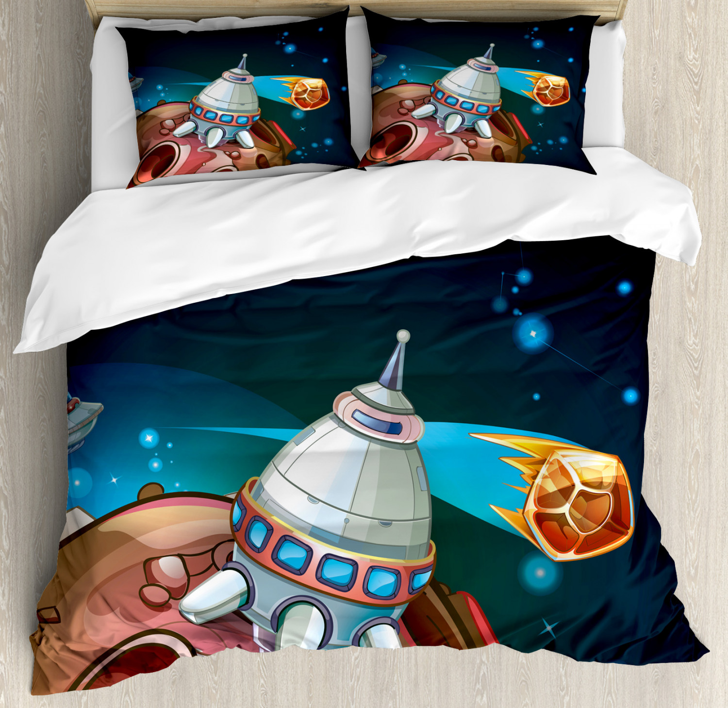 Cartoon Duvet Cover Set Queen Size, Spacecraft Planets Outer Space ...